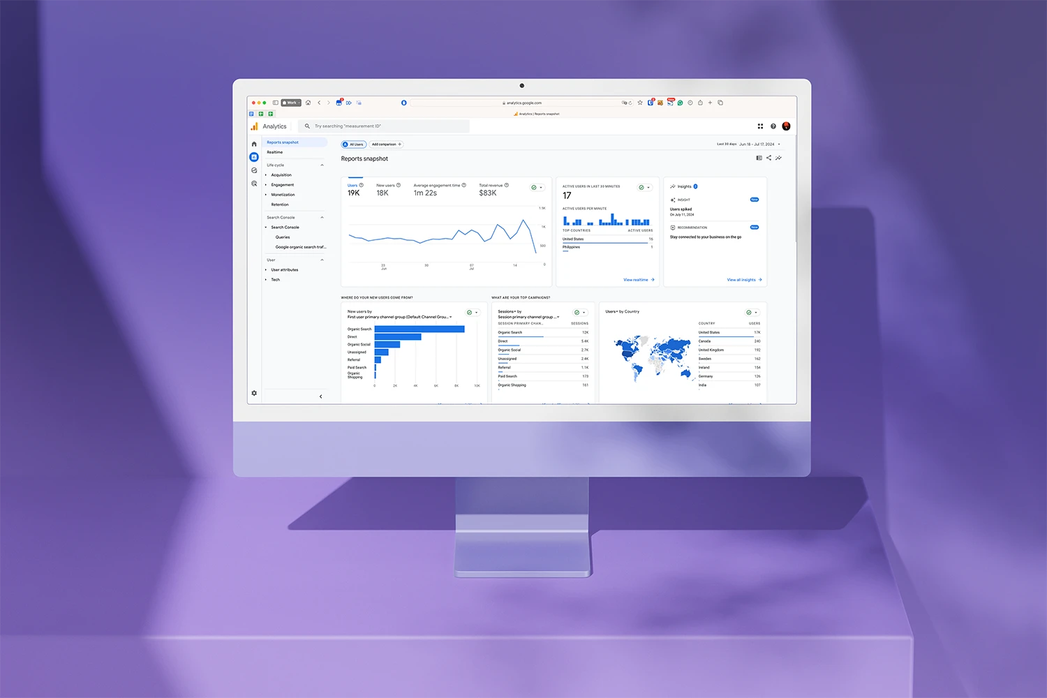 A computer screen displaying Google Analytics reports with various graphs and charts, set against a purple background